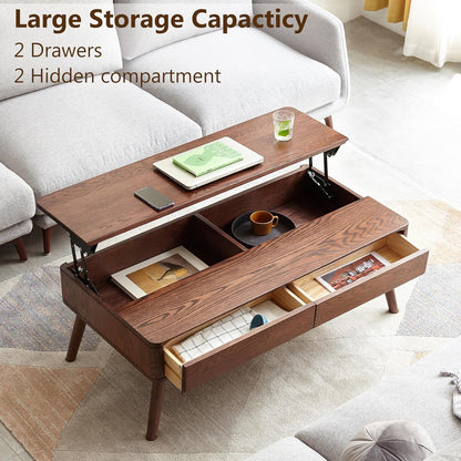 Solid Oak Wood Lift Top Coffee Table for Living Room, Mid Century Modern Tables with Drawers and Large Storage, Coffee Tables for Small Spaces (Oak Walnut Color, 39.37" W x 21.65" D x 25.59" H)