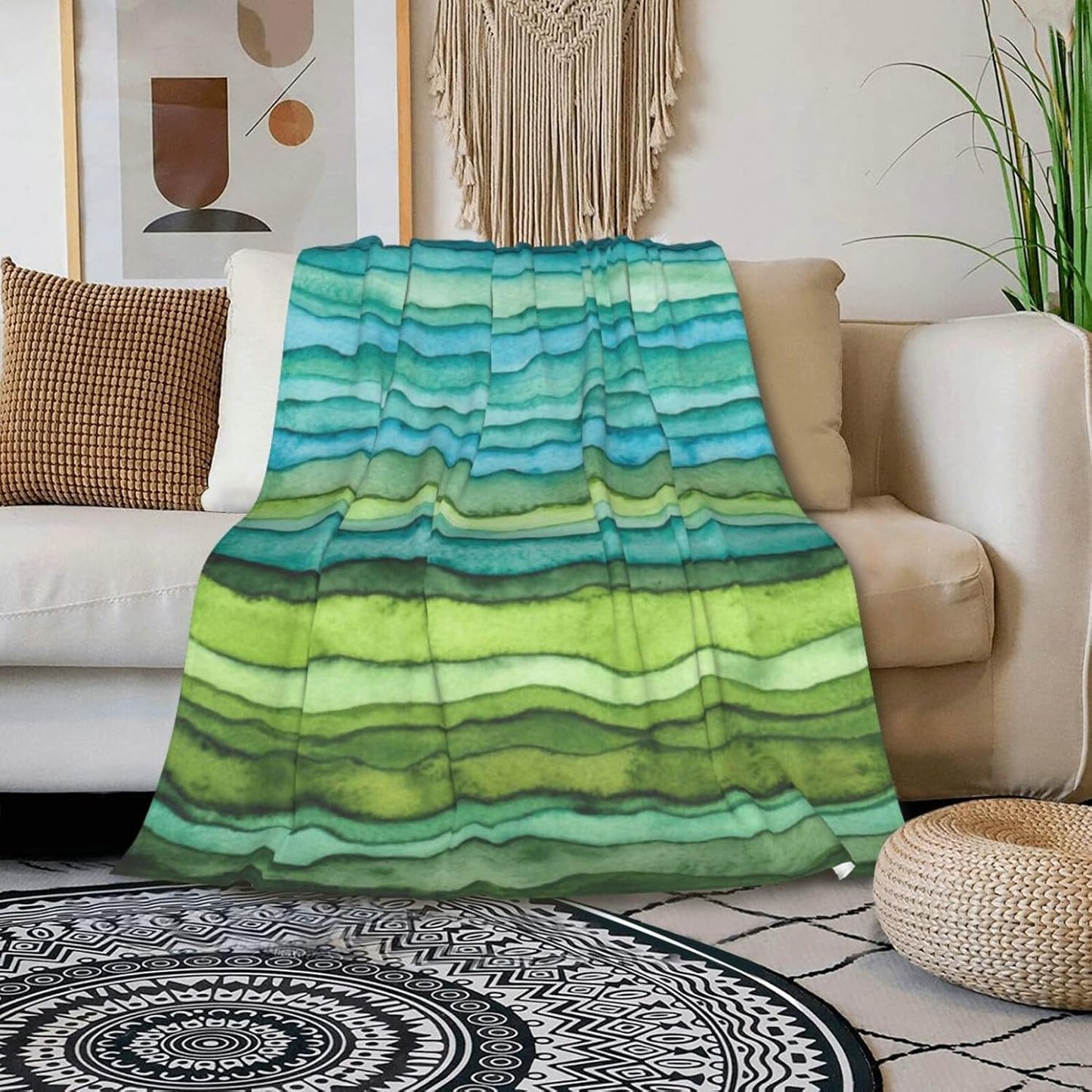 HGOD DESIGNS Watercolor Stripped Waves Blanket for Women, Lightweight Soft Fleece Flannel Throw Blanket Blue and Green Sofa Couch Living Room 40x50 Inch