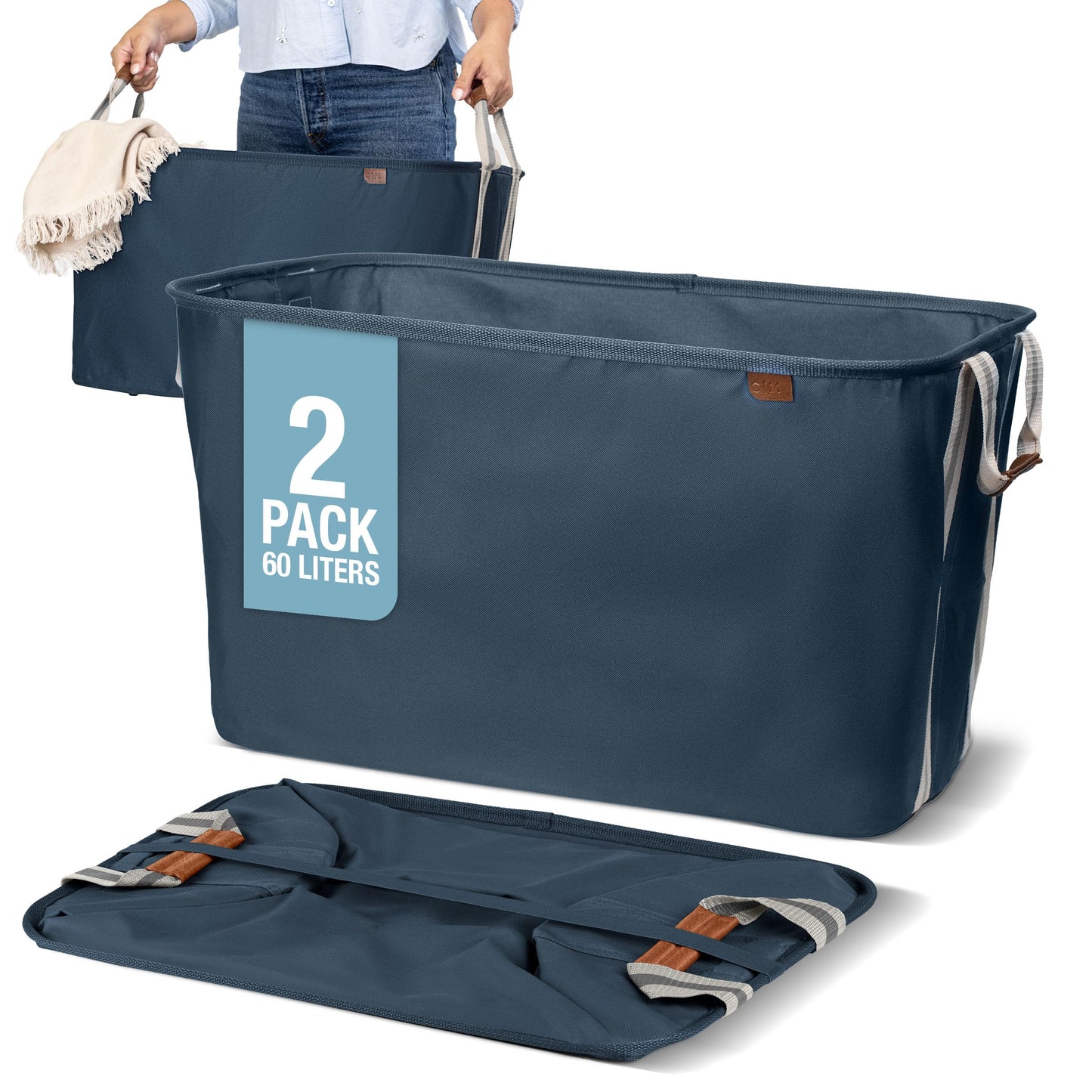 CleverMade Collapsible Laundry Basket LUXE, 60L Pop-Up Hamper, 2 Pack, Navy