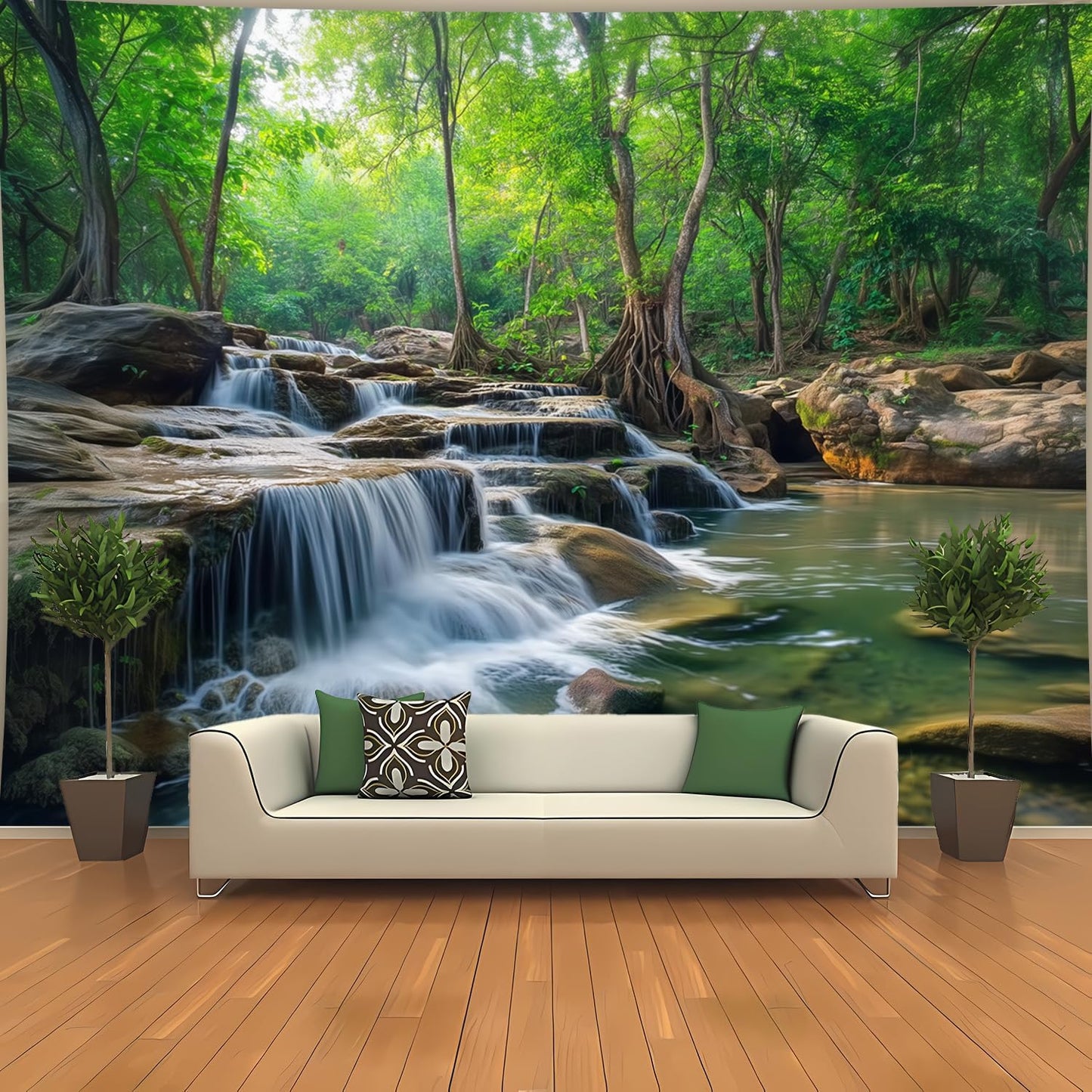 BSFHH Nature Tapestry Forest Tree Sea Cave Wall Hanging, Stream Through Rainforest Landscape Wall Art Tapestry for Bedroom Living room (Creek, 90"×70", Unframed)