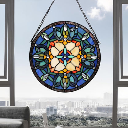 Handcrafted Stained Glass Window Panel - 12-Inch Round Floral Design with Vibrant Colors, Elegant Decorative Hanging Art for Home Décor, Includes 20-Inch Chain & Hook (Blue iris)