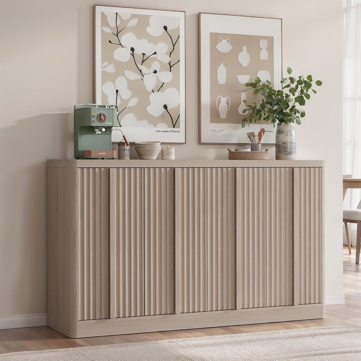 Fluted Buffet Cabinet with Storage, 60" Sideboard Buffet Accent Cabinet with 4 Door & Solid Wood Handle, Modern Buffet Table Credenza Console Cabinets for Living Room, Dining Room, Kitchen, Oak(1PCS)