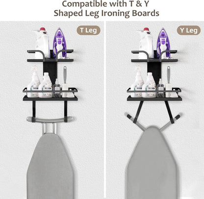 VINAEMO Ironing Board Hanger Wall Mount, 2-Layer Iron and Ironing Board Holder, Laundry Room Shelves Solid Wood with Removable Hooks Home Organization and Storage