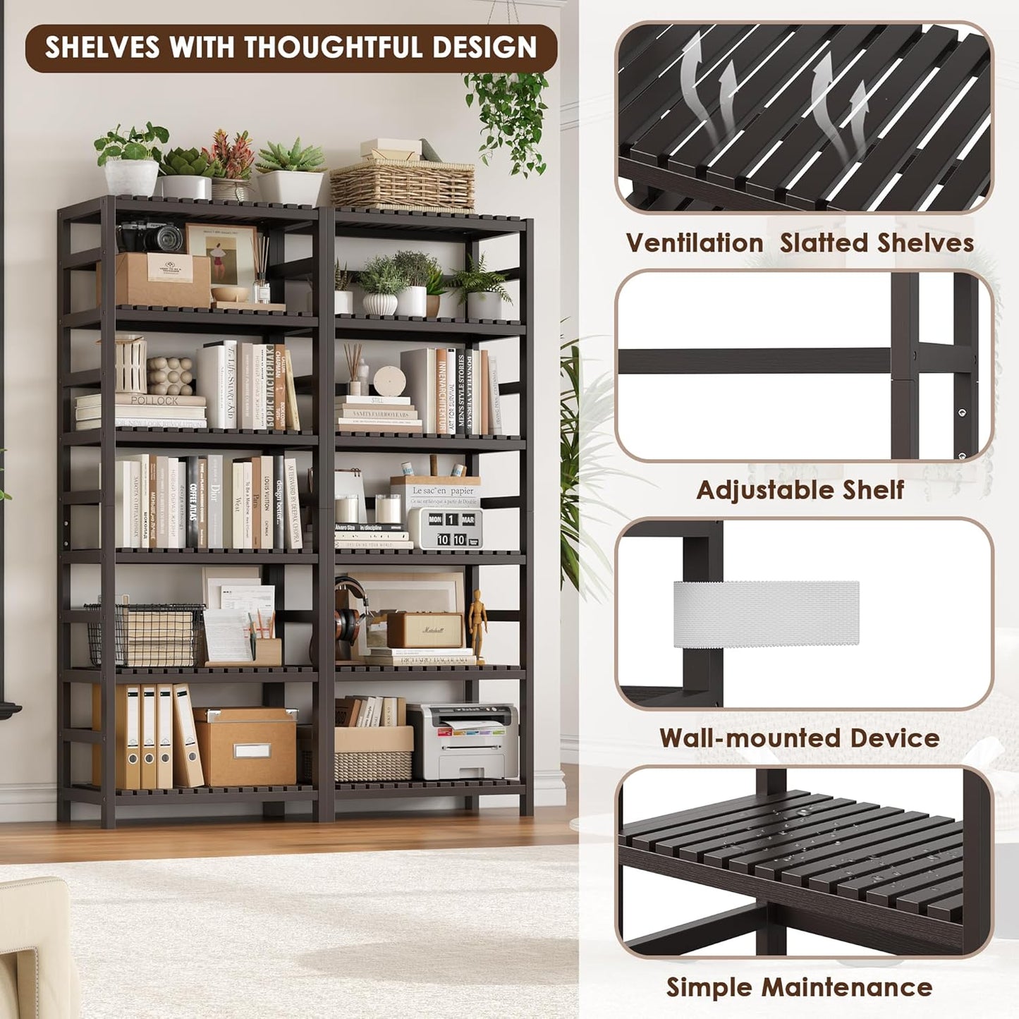 FOTOSOK 6-Tier Bamboo Shelf, Bamboo Bookcase with Adjustable Shelves, Free Standing Storage Shelf Unit, Plant Flower Stand for Kitchen, Bathroom, Home Office, Vintage