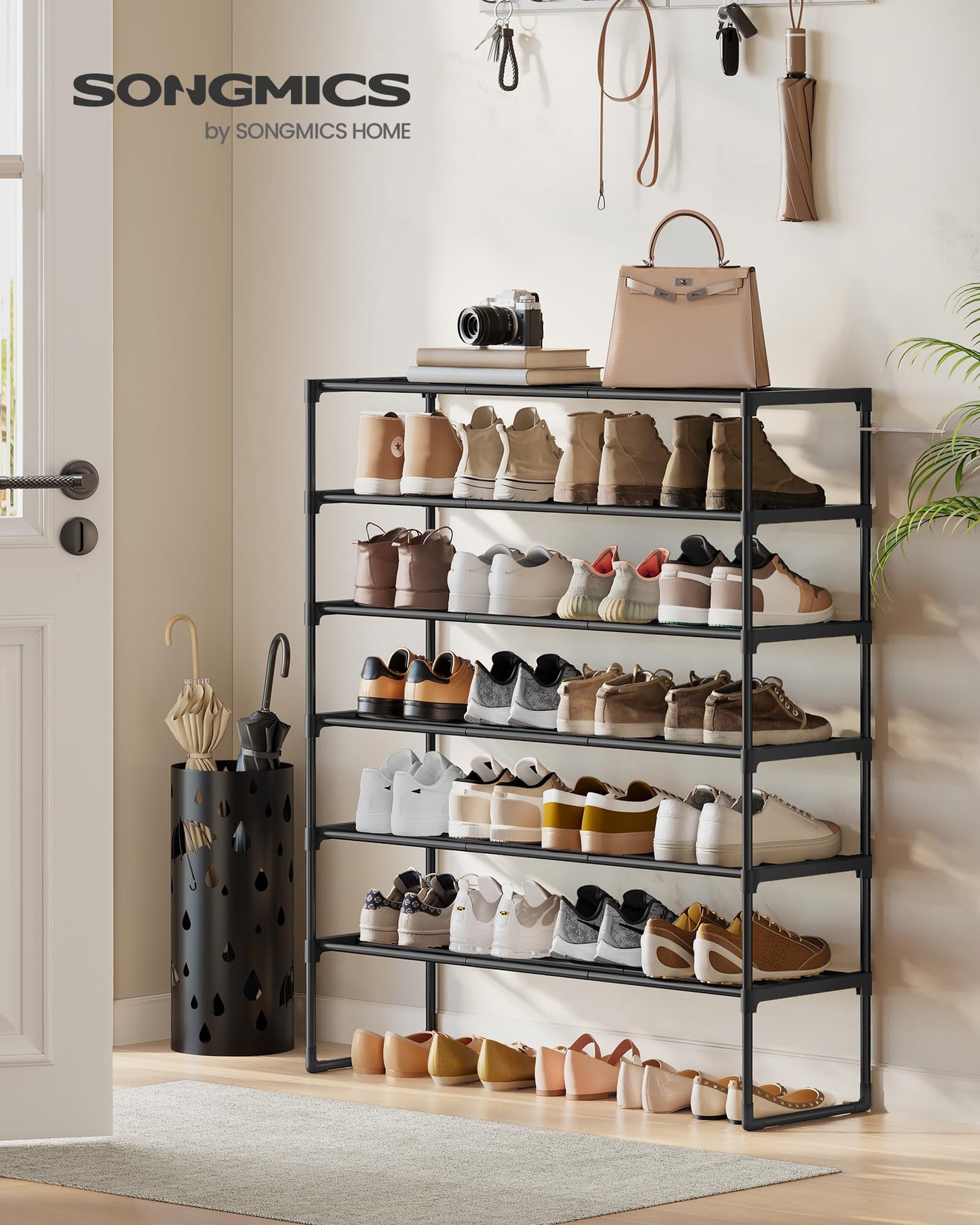 SONGMICS Shoe Rack, 6-Tier Shoe Organizer, Metal Storage Shelf, Upright or Upside Down, for 24-30