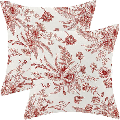 Wine Red Spring Pillow Covers 18 x 18 Inch Set of 2 for Chinoiserie Flowers Decor Throw Pillows Burgundy Floral Leaves Seasonal Plant Outdoor Decorative Cushion Cases for Couch Bed Decorations