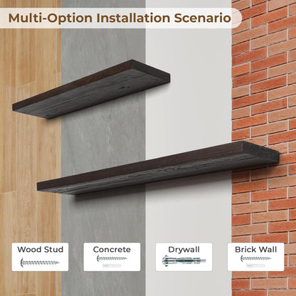 Axeman Floating Shelves for Wall - 32''W x 8'' D Rustic Solid Elm Wood Shelves for Storage, Wall Mounted Display Shelving with Invisible Heavy-Duty Metal Bracket (Walnut, 2PCs)