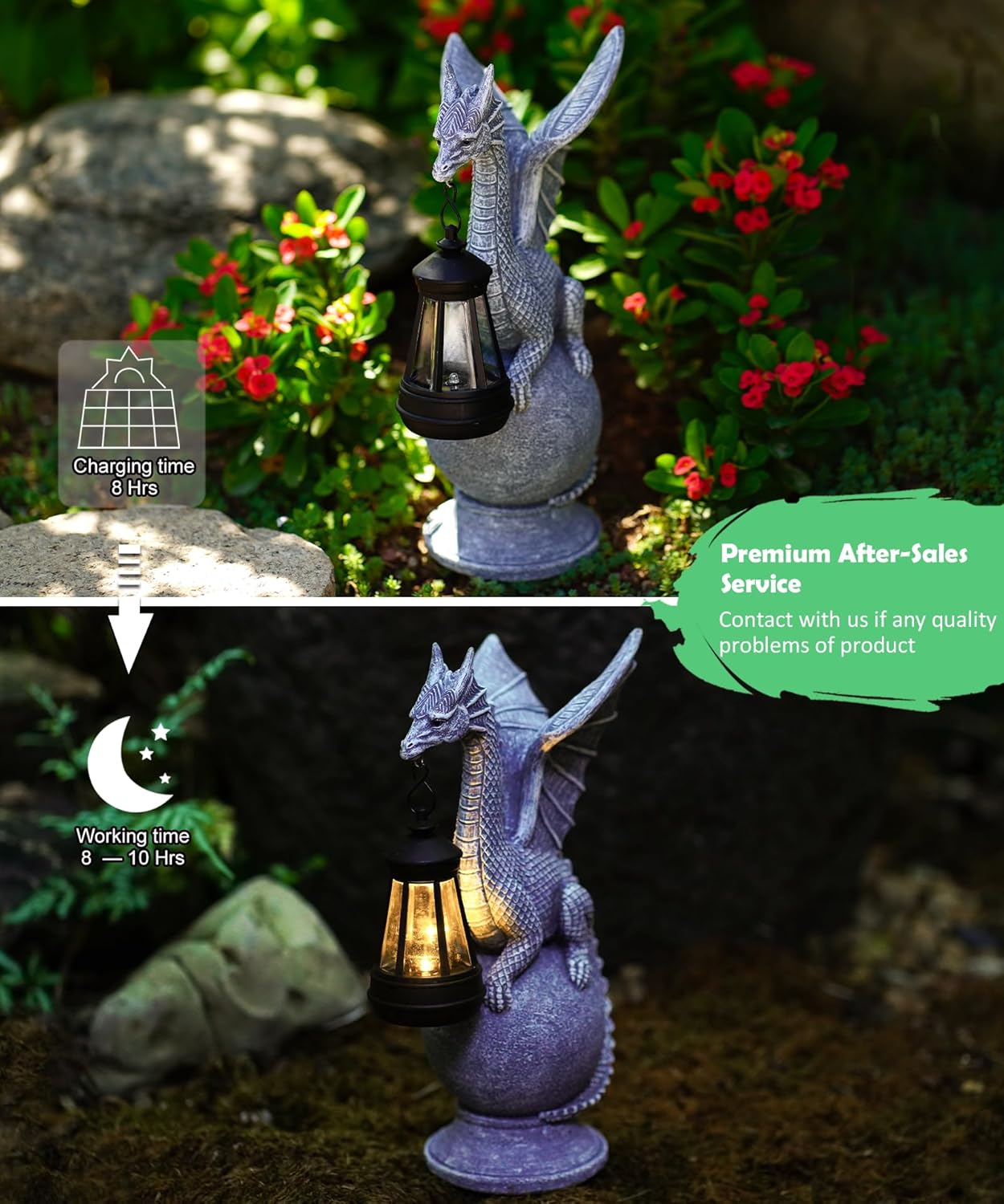 Qeeman Dragon on Ball with Solar Lantern Statues: Garden Decor Outdoor Decorations Art Figurine for Patio Balcony Yard Lawn