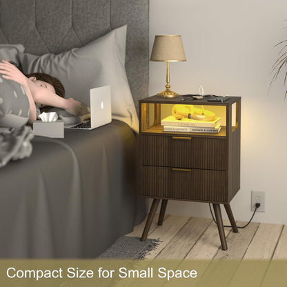 Nightstand with Charging Station and LED Lights,Modern Bedside Table with 2 Storage Drawer and Open Wood Shelf, for Bedroom and Small Spaces,Night Stand with Solid Wood Legs,Walnut Brown