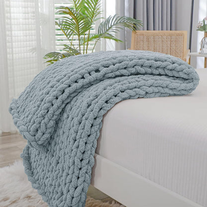Bigacogo Chunky Knit Throw Blanket for Couch, 40x40 inches, 100% Hand Knitted with Thick Jumbo Chenille Yarn, Cozy Soft Large Rope Knot Cable Crochet Blankets for Sofa Bed Living Room, Dusty Blue