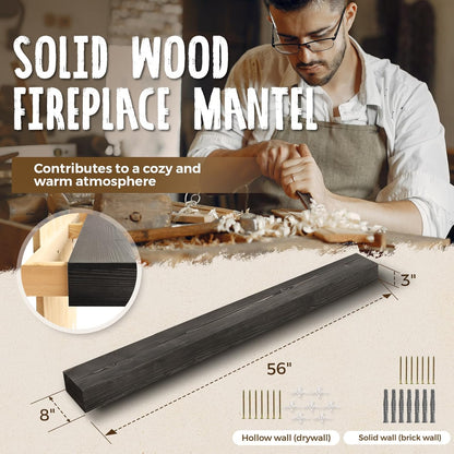 56x8x3 Fireplace Mantel - Handcrafted Hollow Rustic Solid Wood Wall Mounted Floating Shelf with Invisible Heavy Duty Wood Bracket (Weathered Black)
