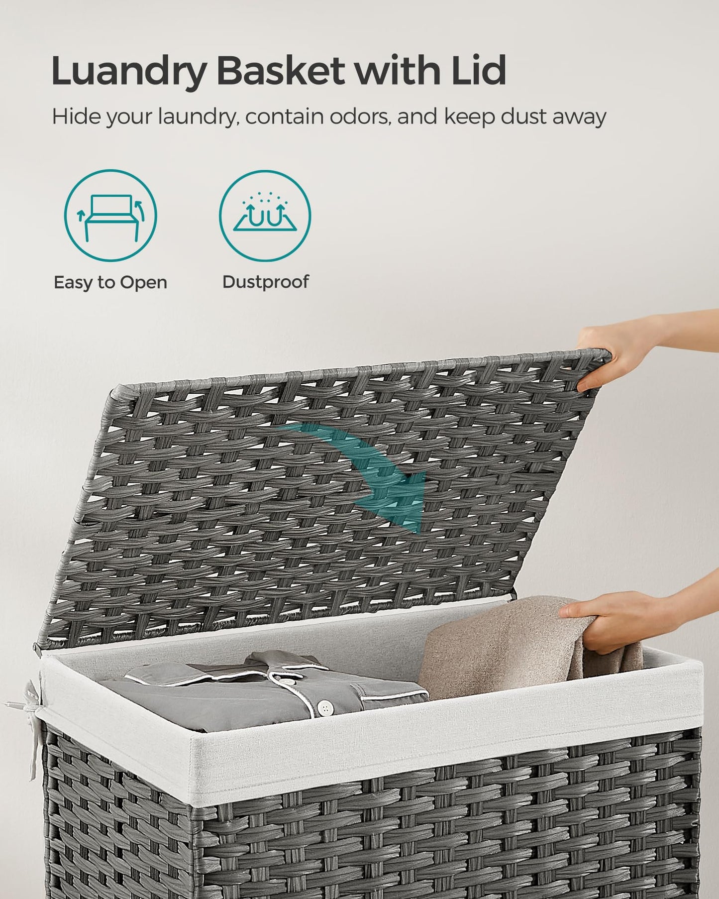 SONGMICS Storage Basket with Lid, Woven Blanket Storage Bin with Handles, Foldable, Removable