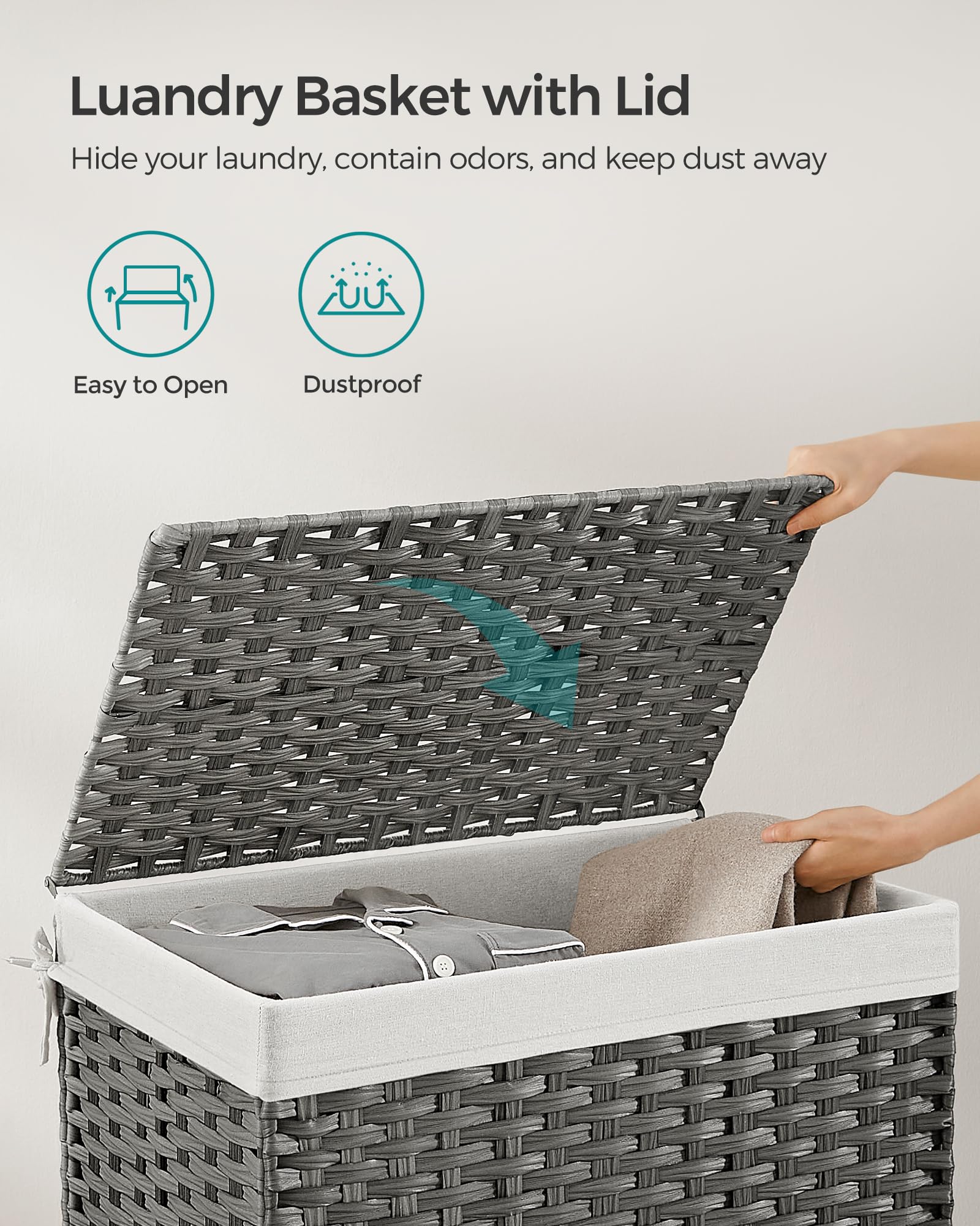 SONGMICS Storage Basket with Lid, Woven Blanket Storage Bin with Handles, Foldable, Removable