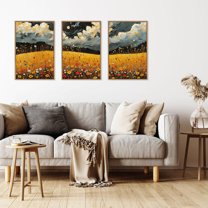 HLNIUC Mystical Moonlight Framed Wall Art Set,Night Moon Wildflower Canvas Wall Decor,Full Moon Mountain Flower Art Print,Large Golden Floral Landscape Wall Painting for Living Room,Office - 16”x24”x3