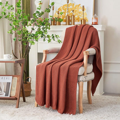 Longhui bedding Chunky Cable Knit Throw Blanket Lightweight Rust 100% Organic Cotton Blanket for Sofa Couch Bed Baby Nursery, Rustic Shabby Chic Modern Farmhouse, 60” x 80” Give Laundering Bag