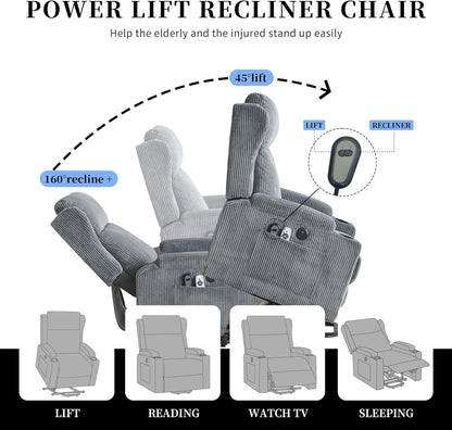 Lift Recliner Chair for Adults with Massage and Heating, Power Lift for Elderly, Corduroy Fabric Reclining Chair with USB &Type-C Port, Cup Holders, L6111 (Grey)