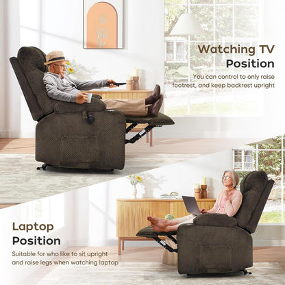 Oversized Dual Motor Lay Flat Power Lift Recliner Chair with Massage, Heating, Lumbar Pillow, USB & Type-C Ports, Textile Lift Chairs Recliners, Large Recliner for Big & Elderly People - Brown