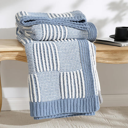 Amélie Home Chenille Knit Throw Blanket for Couch, Checkered Texture Decorative Soft Blanket for Sofa, Bed & Living Room, 50"x60", Blue & White