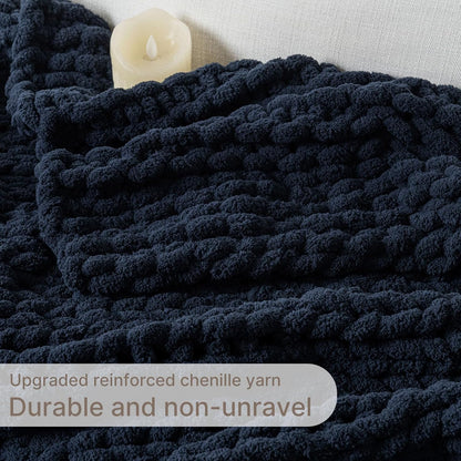 Chunky Knit Blanket Throw, 100% Hand Knit Throw Blanket Handmade Chenille Cable Knit Throw for Couch, Stylish Cozy Soft Rope Knot Crochet Blanket for Home Decor, Navy Blue, 50x60 Inches