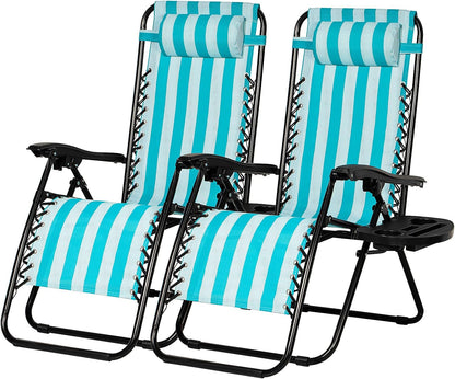 Nazhura Set of 2 Relaxing Recliners Patio Chairs Adjustable Steel Mesh Zero Gravity Lounge Chair Beach Chairs with Pillow and Cup Holder (Light Blue Stripe)