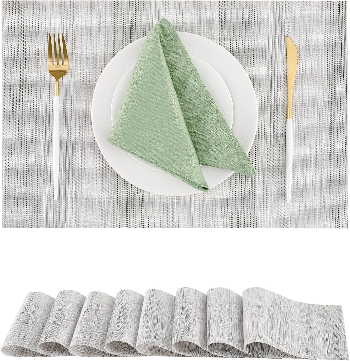 Leetaltree Lightsteel Black Placemats Set of 8 - Heat Resistant Non-Slip Place mats for Dining Table, Washable Durable PVC Vinyl Woven Table Mats (Lightsteel Black, 8)