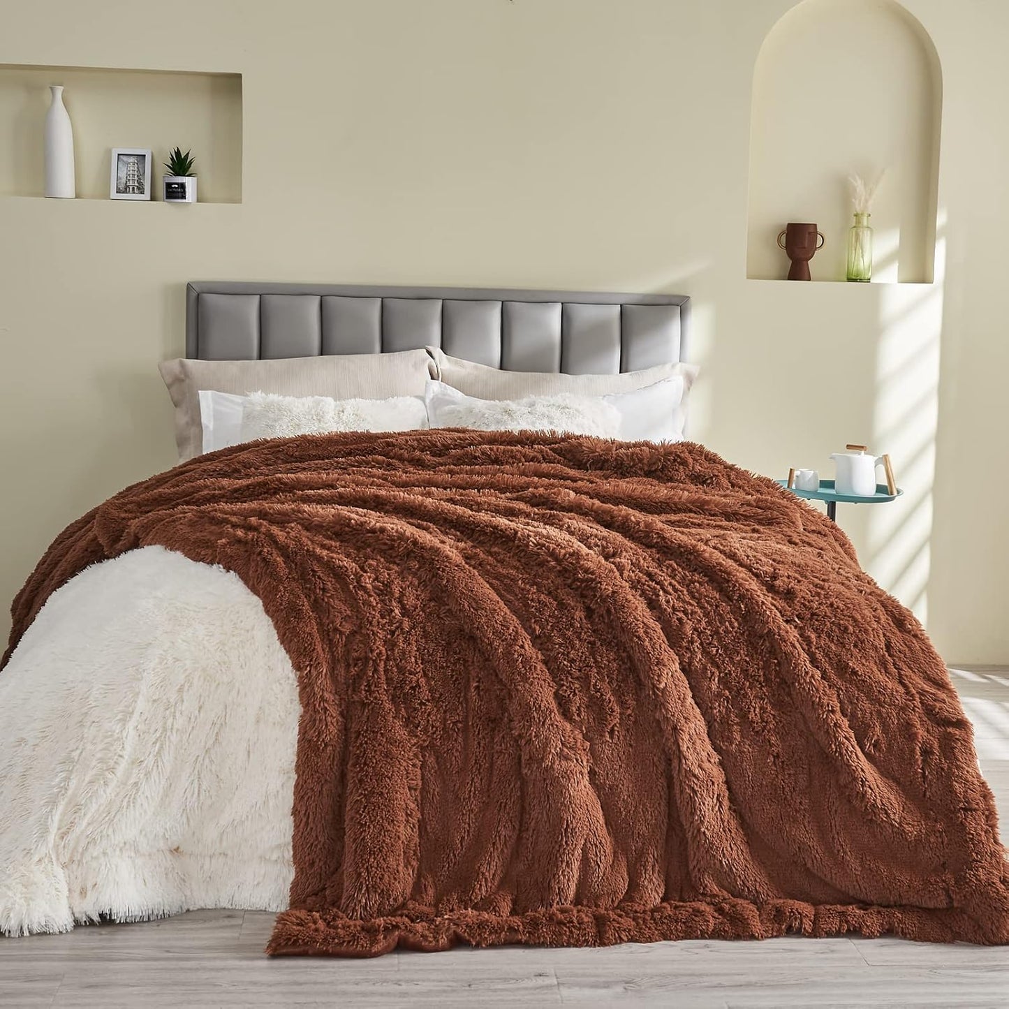 GONAAP Fuzzy Faux Fur Throw Blanket Coffee Super Soft Cozy Plush Fuzzy Shaggy Blanket for Couch Sofa Bed (Coffee, Throw(50"x60"))