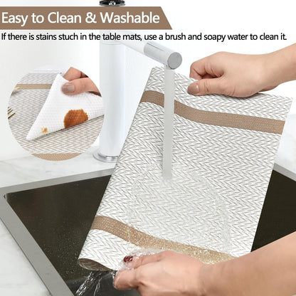 Beige White Placemats Set of 8 - Easy Clean Modern Durable Washable Vinyl Place Mats - Heat Resistant Placemats for Kitchen Table - PVC Table Mats for Dining Table (Beige White with Stripes, 8)