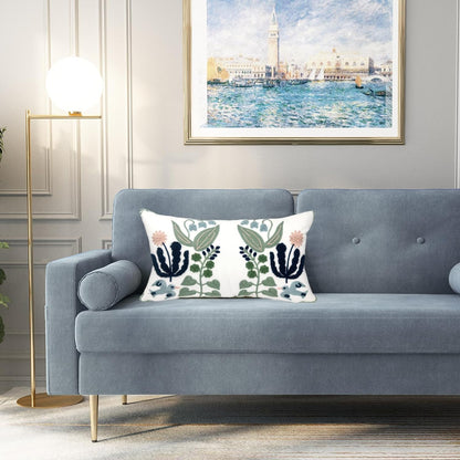 Alysheer Floral Embroidered Summer Lumbar Decorative Throw Pillow Cover 12"x 20", Farmhouse Cottage Navy Blue Green Flowers Leaves Patterned Cotton Canvas Cushion Case for Sofa Couch Bed Living Room