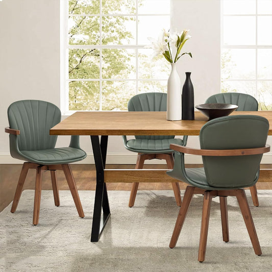 LUNLING Swivel Dining Chairs Set of 4, Mid Century Modern Green Faux Leather Kitchen Chairs with