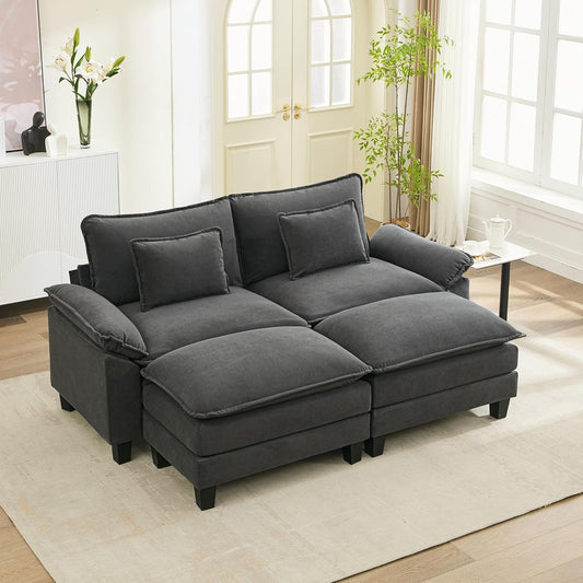 URRED Modular Sectional Sofa Comfy Cloud Couch, Modern Velvet Sofa Sleeper Deep Seat Couches with Ottoman/Pillows for Living Room (Dark Gray, 82.6''- 2 Ottomans)