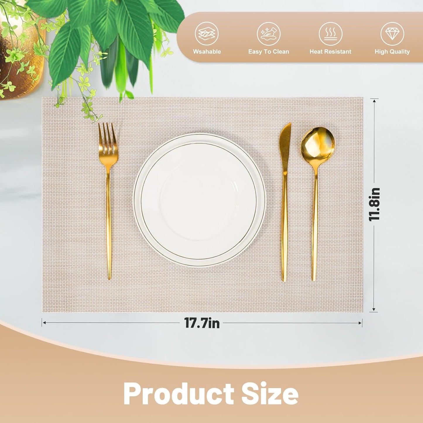 Placemats Set of 6，Non-Slip PVC Weave Table Mats Easy to Clean，Heat Resistant Place Mats for Kitchen Dining Table Decoration Indoor Outdoor，Beige White