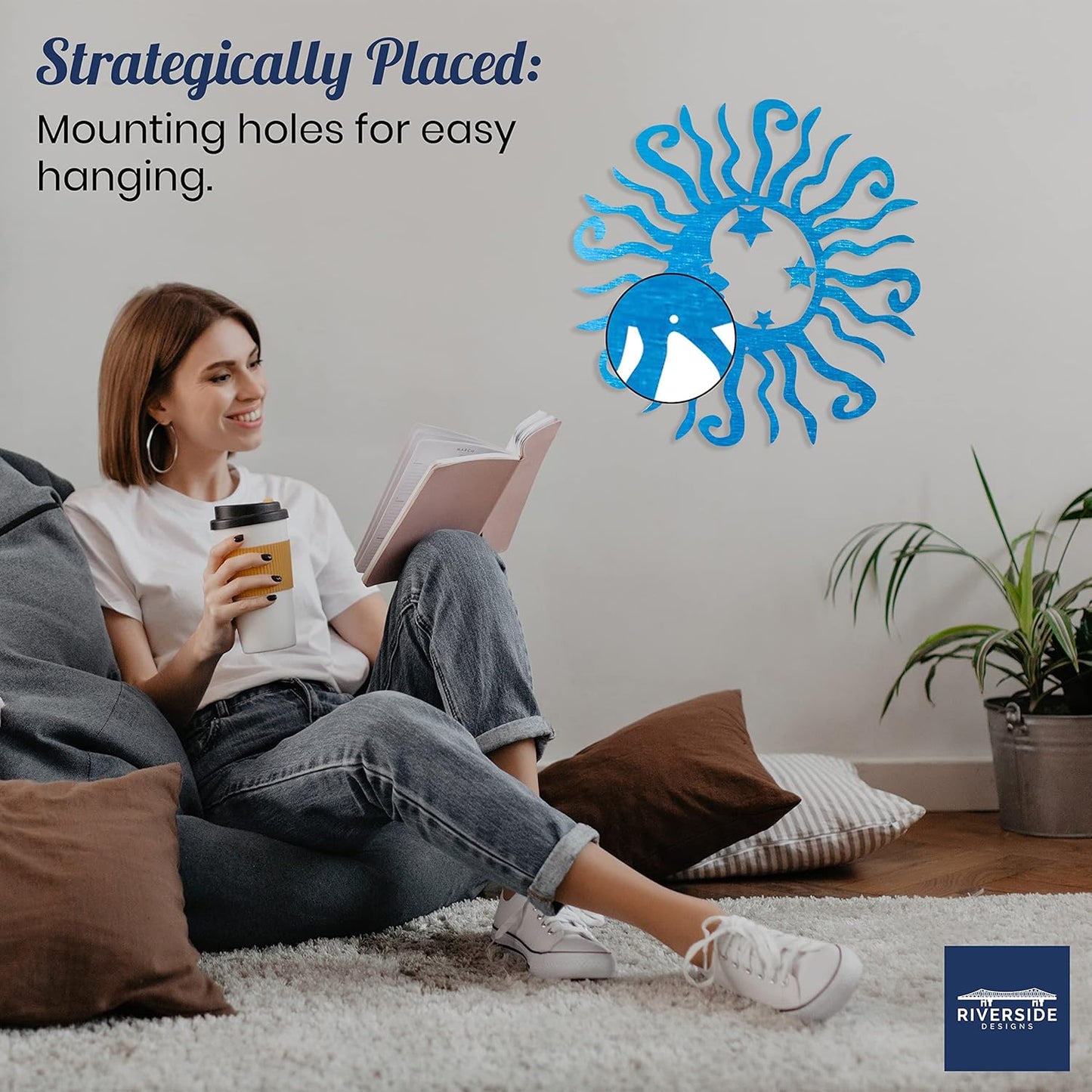 Riverside Designs Wacky Solar Moon Metal Wall Art Steel Outdoor Decor | Heavy-Duty and Waterproof | Made in USA (Teal, 12L x 12W)