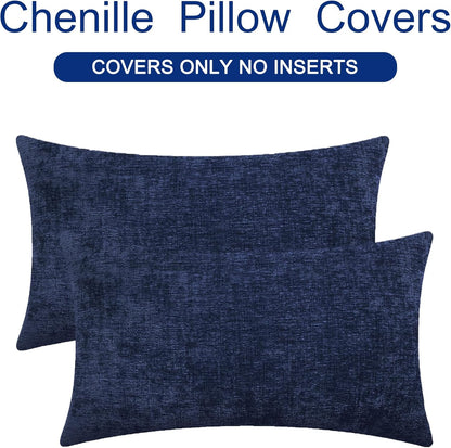 CaliTime Throw Pillow Covers Decorative 12 X 20 Inches Pack of 2 Cozy Chenille Cushion Cases for Couch Sofa Bed Living Room Home Navy Blue