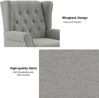 Accent Chair, Upholstered Armchair with Button Tufted High Back & Solid Wood Legs, Comfy Wingback Reading Single Sofa Chair for Small Spaces, Living Room, Bedroom (Light Grey, Set of 2)