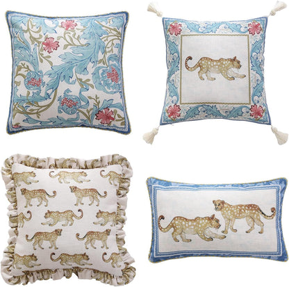 patdrea Designer Throw Pillow Covers for Couch,Vintage French Linen Pillows Cover with Cheetah Pattern and Luxury Pendant,Fall Farmhouse Decorative Pillowcases for Bed Living Room Outdoor Set of 4