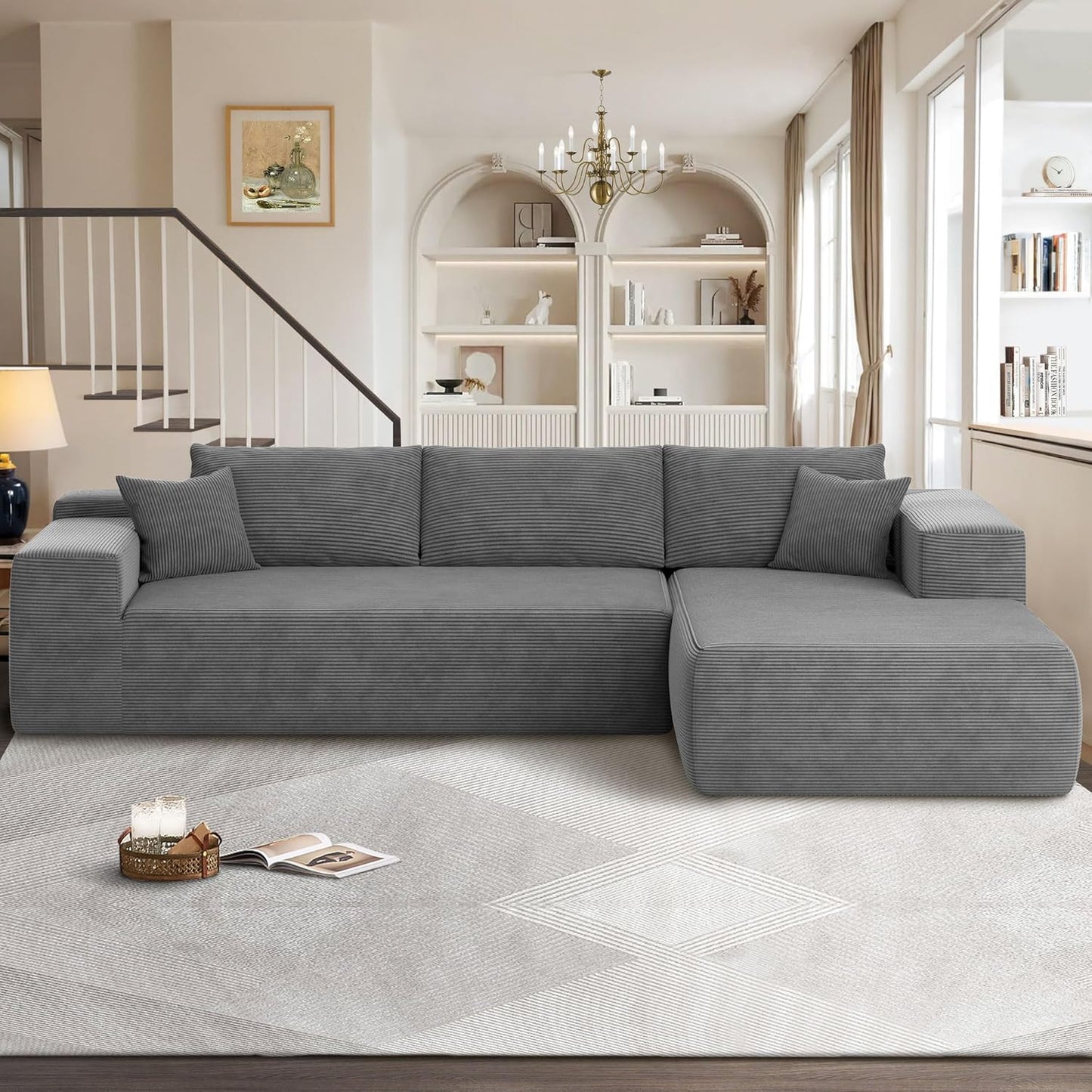 104" Cloud Sectional Couches for Living Room,L Shaped Boneless Couch in A Box,Sleeper Sofa with Comfy Chaise No Assembly Required,Grey