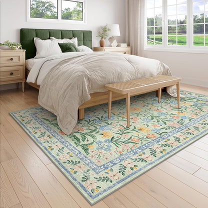 Wonnitar Machine Washable 5x7 Area Rug, Boho Floral Rugs for Living Room Non-Slip, Soft Pink and Green Flower Ultra-Thin Non Shedding Carpet for Bedroom Dining Room Nursery