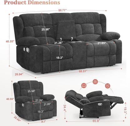 Recliner Sofa Set with 2+1+1 Pieces, Fabric Manual Pull Tab Reclining Loveseat with Storage Console, Single Recliner Chair for Living Room, RV, Grey