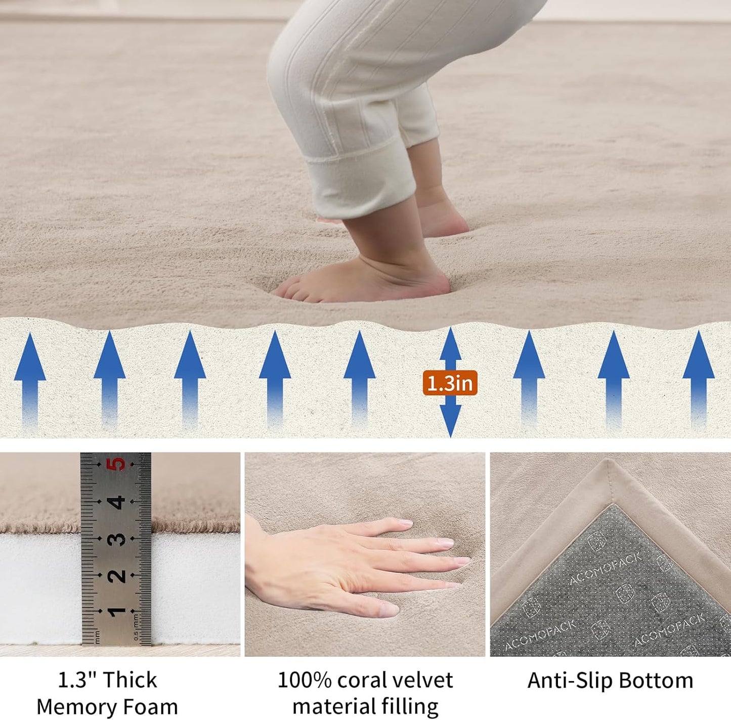 ACOMOPACK Baby Play Mat for Floor,1.3" Thick Memory Foam Area Rug for Living Room,Soft Velvet Crawling with Non-Slip Bottom for Kid,Toddler,39"×59" Tummy Time Nursery Rugs,Yoga（Beige）