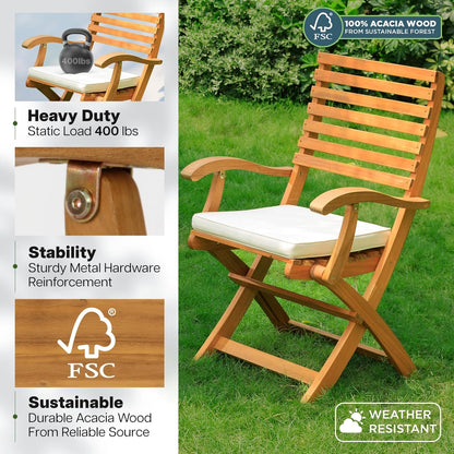 IDZO, Percy Chairs Heavy Duty 400lbs Capacity Set of 2 w/Cushion, FSC Acacia Outdoor Furniture, Teak Finish, Fully Assembled, Wood Folding_Beige