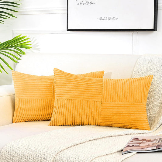 Fancy Homi 2 Packs Gold Yellow Lumbar Decorative Throw Pillow Covers 12x24 Inch for Couch Bed Sofa, Rustic Farmhouse Boho Spring Home Decor, Soft Striped Corduroy Rectangle Accent Cushion Case 30x60cm