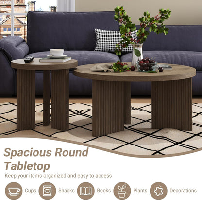 Nesting Coffee Table Set of 2, Modern Wooden Coffee Table with Smooth Thick Design, Circle Tea Table and End Table Set, Accent Center Tables for Living Room, Office, Brown