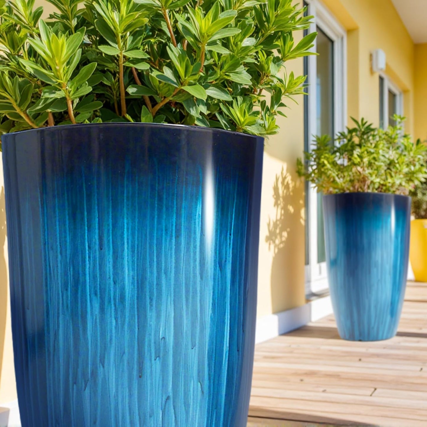 Worth Garden 23.5" H. Large Plastic Planters - Set of 2 Gradient Blue Glossy Smooth Finish - Tall Plant Pots for Indoor & Outdoor Use - Decorative Lightweight Flower Pot for Front Porch, Patio, Deck