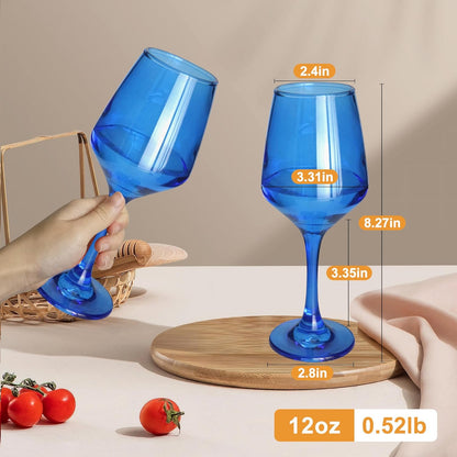 Blue Wine Glasses Set of 6-12oz Blue Long Stem Wine Glass Cups, Pretty Crystal Glassware, Hand Blown Goblets Drinkware, Unique Drinking Stemware Holiday Gift Set