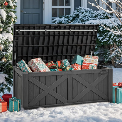 YITAHOME 120 Gallon Large Outdoor Storage Box with X-Shaped Front, Waterproof Resin Deck Box Cushion Storage Bench for Patio, Pool Supplies, Garden Tools - Lockable, Dark Gray