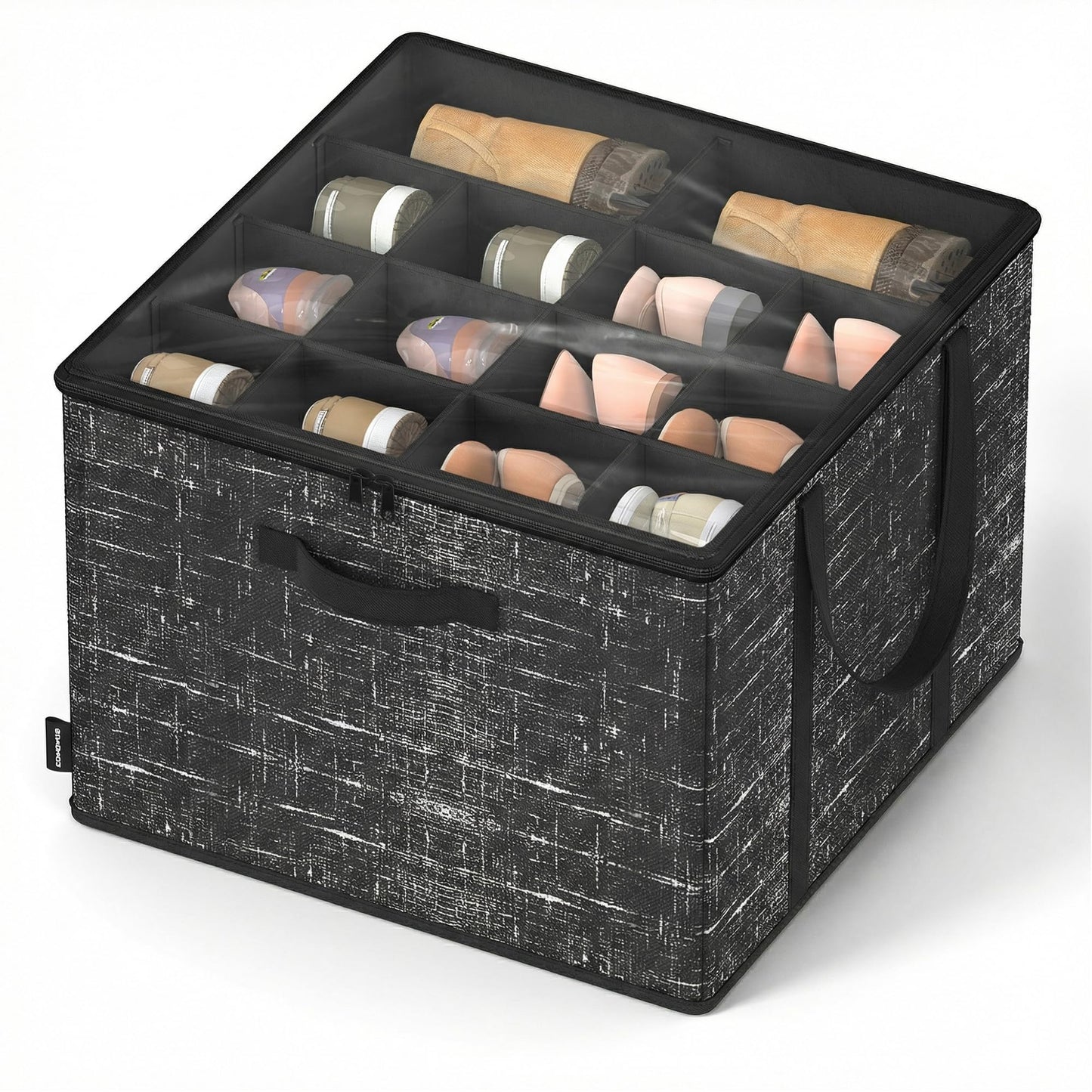 SONGMICS Shoe Organizer for Closet, Shoe Storage Box with Clear Lid, Foldable Fabric Bins, Holds 16