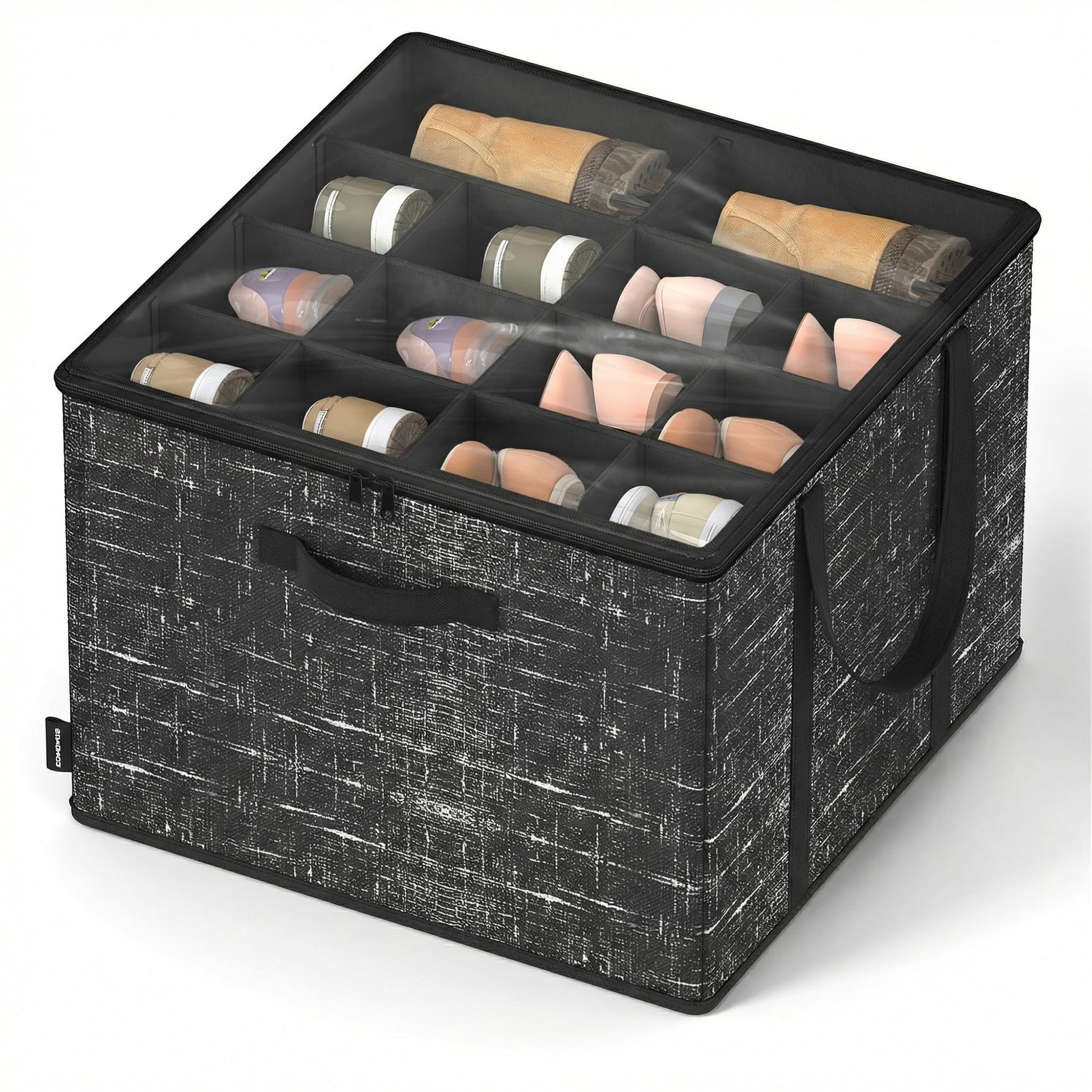 SONGMICS Shoe Organizer for Closet, Shoe Storage Box with Clear Lid, Foldable Fabric Bins, Holds 16
