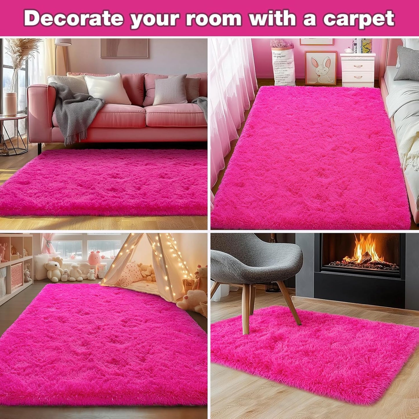 Rezutan Ultra Soft Fluffy Hot Pink Rugs for Bedroom, 4x6 Feet Fluffy Shag Area Rugs for Living Room and Girls Kids Baby Room Decor, Non Slip Nursery Modern Indoor Fuzzy Floor Bedside Carpet