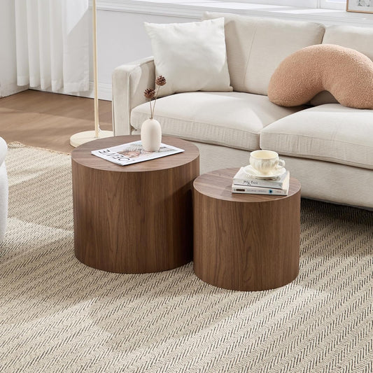 Round Coffee Tables Side Table Set of 2, Wood Nesting End Table for Living Room Balcony Office