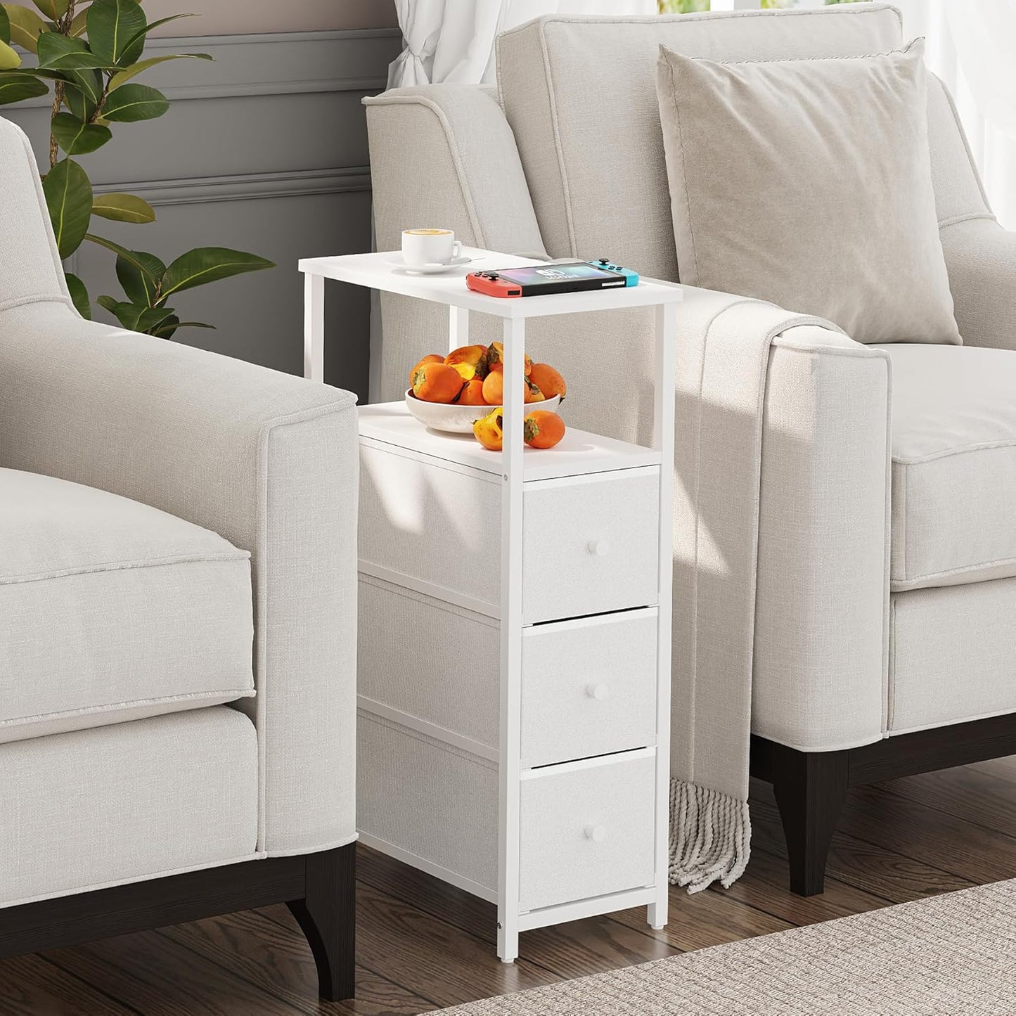 TUTOTAK Narrow Night Stand, Slim End Table, Tall Side Table with 3 Fabric Drawer, Small Bedside Table with Storage, Set of 2, for Living Room, Bedroom, White TB01BW072